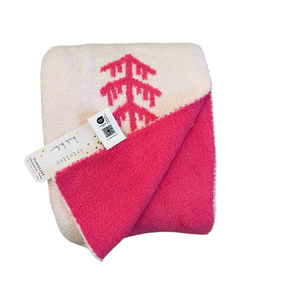 Nicole Miller Reversible Christmas Tree Throw Blanket 50x70 Hot Pink & White New